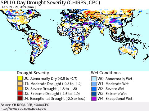 World SPI 10-Day Drought Severity (CHIRPS) Thematic Map For 2/21/2024 - 2/29/2024