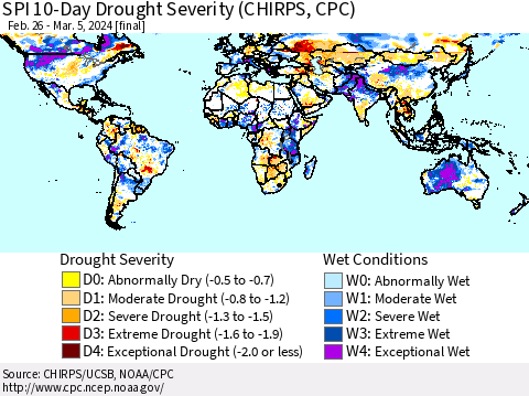 World SPI 10-Day Drought Severity (CHIRPS) Thematic Map For 2/26/2024 - 3/5/2024