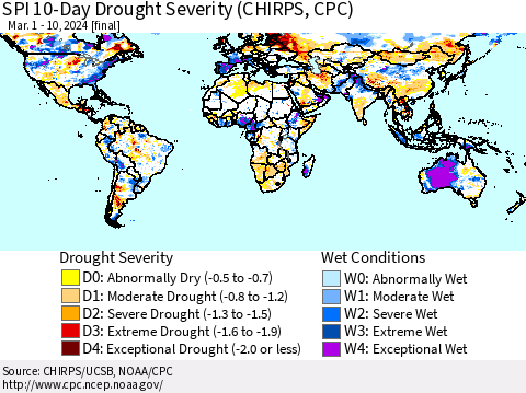 World SPI 10-Day Drought Severity (CHIRPS) Thematic Map For 3/1/2024 - 3/10/2024