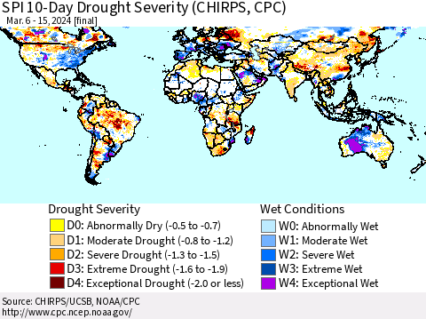World SPI 10-Day Drought Severity (CHIRPS) Thematic Map For 3/6/2024 - 3/15/2024