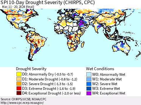 World SPI 10-Day Drought Severity (CHIRPS) Thematic Map For 3/11/2024 - 3/20/2024