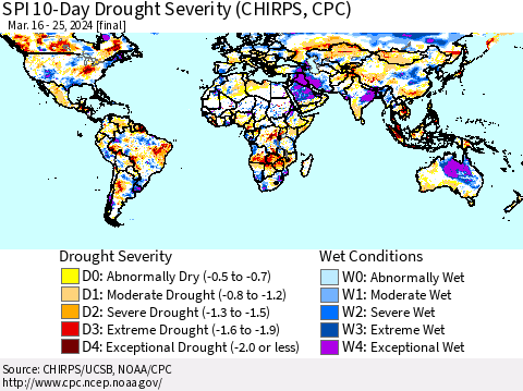 World SPI 10-Day Drought Severity (CHIRPS) Thematic Map For 3/16/2024 - 3/25/2024