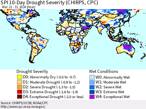 World SPI 10-Day Drought Severity (CHIRPS) Thematic Map For 3/21/2024 - 3/31/2024