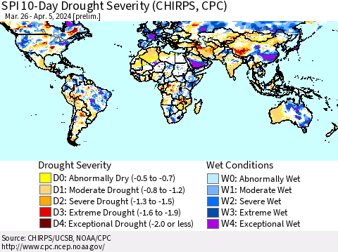 World SPI 10-Day Drought Severity (CHIRPS) Thematic Map For 3/26/2024 - 4/5/2024