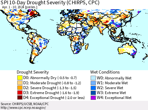 World SPI 10-Day Drought Severity (CHIRPS) Thematic Map For 4/1/2024 - 4/10/2024