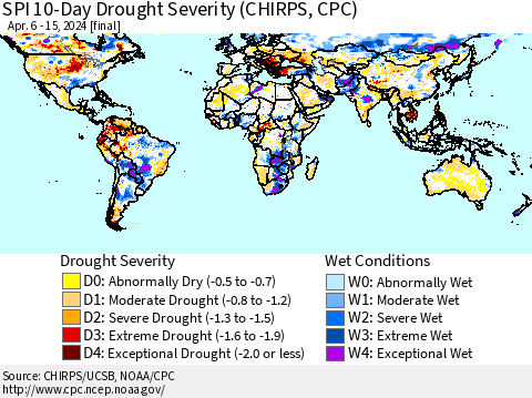 World SPI 10-Day Drought Severity (CHIRPS) Thematic Map For 4/6/2024 - 4/15/2024