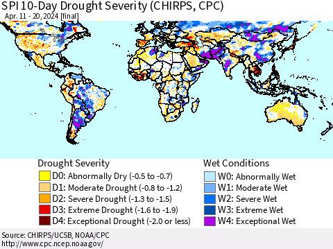 World SPI 10-Day Drought Severity (CHIRPS) Thematic Map For 4/11/2024 - 4/20/2024