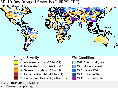 World SPI 10-Day Drought Severity (CHIRPS) Thematic Map For 4/16/2024 - 4/25/2024