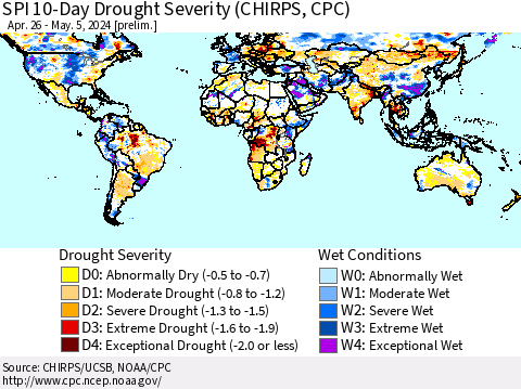 World SPI 10-Day Drought Severity (CHIRPS) Thematic Map For 4/26/2024 - 5/5/2024
