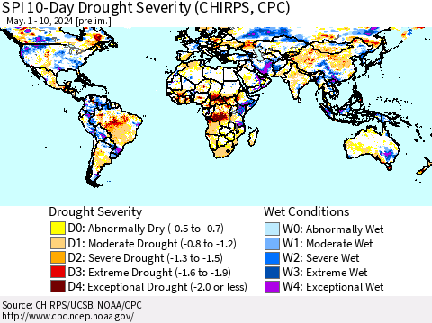 World SPI 10-Day Drought Severity (CHIRPS) Thematic Map For 5/1/2024 - 5/10/2024