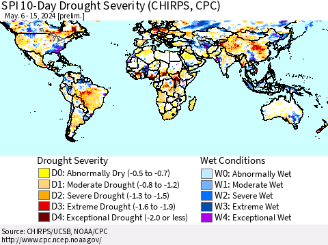 World SPI 10-Day Drought Severity (CHIRPS) Thematic Map For 5/6/2024 - 5/15/2024