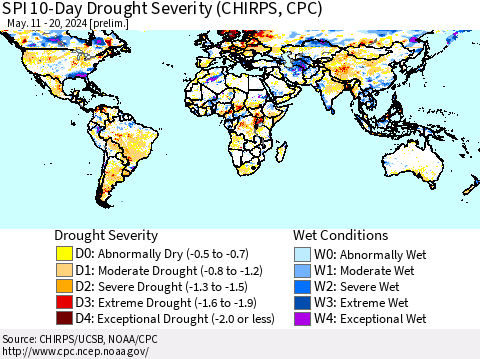 World SPI 10-Day Drought Severity (CHIRPS) Thematic Map For 5/11/2024 - 5/20/2024