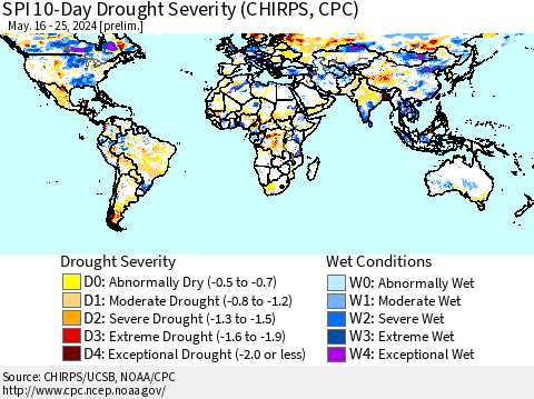 World SPI 10-Day Drought Severity (CHIRPS) Thematic Map For 5/16/2024 - 5/25/2024