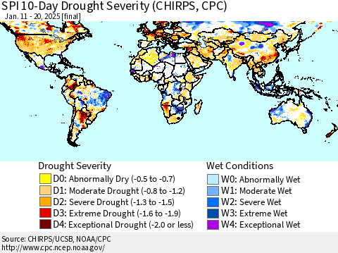 World SPI 10-Day Drought Severity (CHIRPS) Thematic Map For 1/11/2025 - 1/20/2025