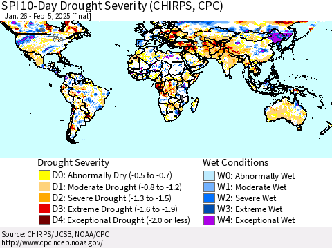 World SPI 10-Day Drought Severity (CHIRPS) Thematic Map For 1/26/2025 - 2/5/2025