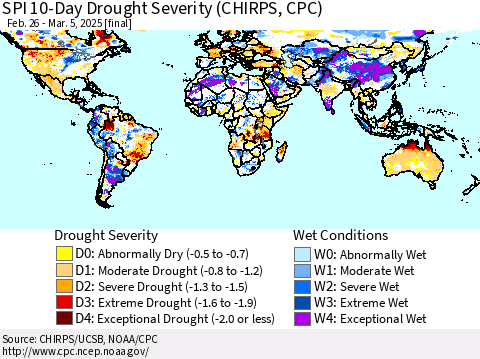 World SPI 10-Day Drought Severity (CHIRPS) Thematic Map For 2/26/2025 - 3/5/2025