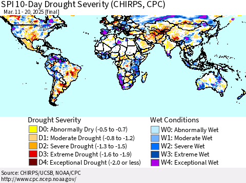 World SPI 10-Day Drought Severity (CHIRPS) Thematic Map For 3/11/2025 - 3/20/2025