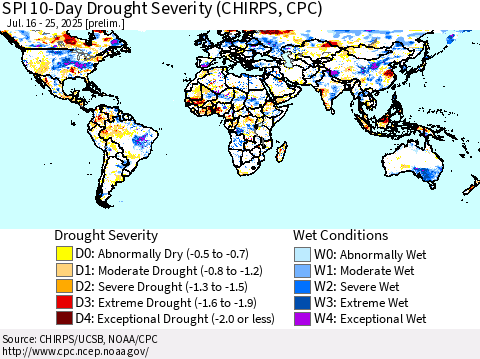 World SPI 10-Day Drought Severity (CHIRPS) Thematic Map For 7/16/2025 - 7/25/2025