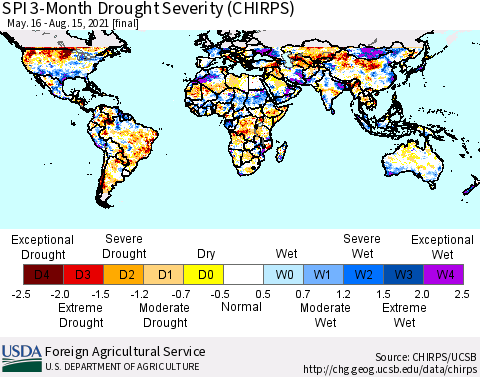 World SPI 3-Month Drought Severity (CHIRPS) Thematic Map For 5/16/2021 - 8/15/2021
