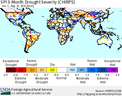 World SPI 3-Month Drought Severity (CHIRPS) Thematic Map For 6/1/2021 - 8/31/2021