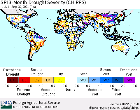 World SPI 3-Month Drought Severity (CHIRPS) Thematic Map For 7/1/2021 - 9/30/2021