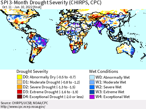 World SPI 3-Month Drought Severity (CHIRPS) Thematic Map For 10/11/2021 - 1/10/2022