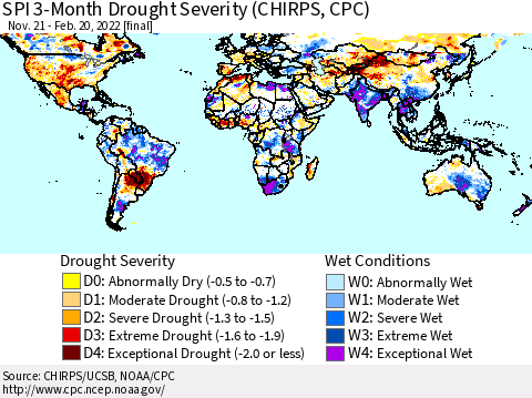 World SPI 3-Month Drought Severity (CHIRPS) Thematic Map For 11/21/2021 - 2/20/2022