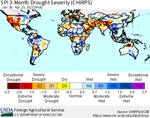 World SPI 3-Month Drought Severity (CHIRPS) Thematic Map For 1/26/2022 - 4/25/2022