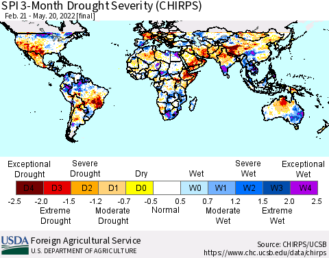 World SPI 3-Month Drought Severity (CHIRPS) Thematic Map For 2/21/2022 - 5/20/2022