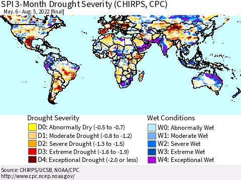 World SPI 3-Month Drought Severity (CHIRPS) Thematic Map For 5/6/2022 - 8/5/2022