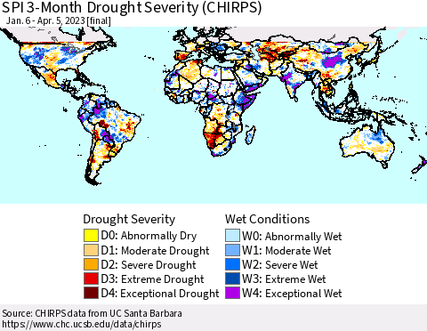 World SPI 3-Month Drought Severity (CHIRPS) Thematic Map For 1/6/2023 - 4/5/2023