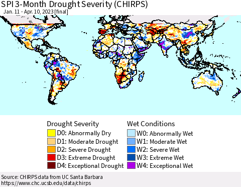 World SPI 3-Month Drought Severity (CHIRPS) Thematic Map For 1/11/2023 - 4/10/2023