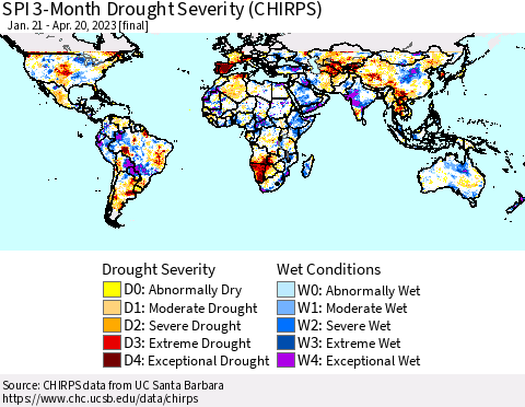 World SPI 3-Month Drought Severity (CHIRPS) Thematic Map For 1/21/2023 - 4/20/2023