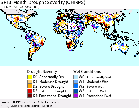 World SPI 3-Month Drought Severity (CHIRPS) Thematic Map For 1/26/2023 - 4/25/2023