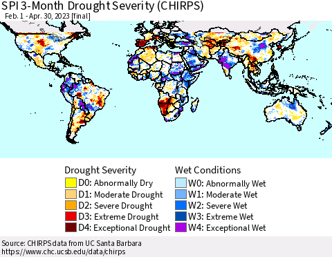 World SPI 3-Month Drought Severity (CHIRPS) Thematic Map For 2/1/2023 - 4/30/2023
