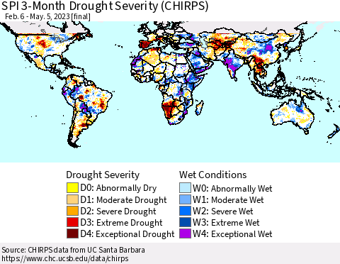 World SPI 3-Month Drought Severity (CHIRPS) Thematic Map For 2/6/2023 - 5/5/2023