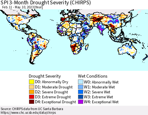 World SPI 3-Month Drought Severity (CHIRPS) Thematic Map For 2/11/2023 - 5/10/2023