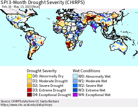 World SPI 3-Month Drought Severity (CHIRPS) Thematic Map For 2/16/2023 - 5/15/2023