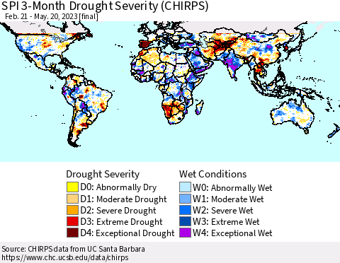 World SPI 3-Month Drought Severity (CHIRPS) Thematic Map For 2/21/2023 - 5/20/2023