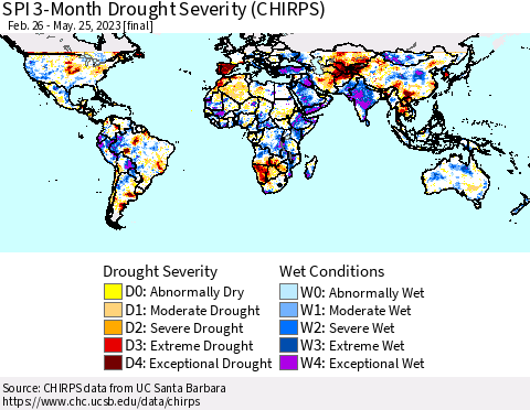 World SPI 3-Month Drought Severity (CHIRPS) Thematic Map For 2/26/2023 - 5/25/2023
