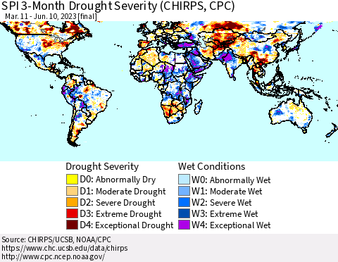 World SPI 3-Month Drought Severity (CHIRPS) Thematic Map For 3/11/2023 - 6/10/2023