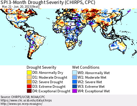 World SPI 3-Month Drought Severity (CHIRPS) Thematic Map For 3/21/2023 - 6/20/2023