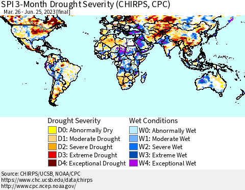 World SPI 3-Month Drought Severity (CHIRPS) Thematic Map For 3/26/2023 - 6/25/2023