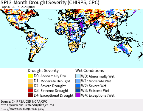 World SPI 3-Month Drought Severity (CHIRPS) Thematic Map For 4/6/2023 - 7/5/2023
