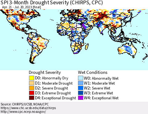 World SPI 3-Month Drought Severity (CHIRPS) Thematic Map For 4/21/2023 - 7/20/2023