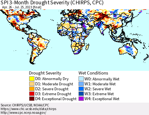 World SPI 3-Month Drought Severity (CHIRPS) Thematic Map For 4/26/2023 - 7/25/2023