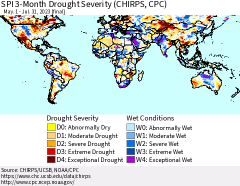 World SPI 3-Month Drought Severity (CHIRPS) Thematic Map For 5/1/2023 - 7/31/2023