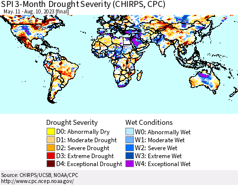 World SPI 3-Month Drought Severity (CHIRPS) Thematic Map For 5/11/2023 - 8/10/2023