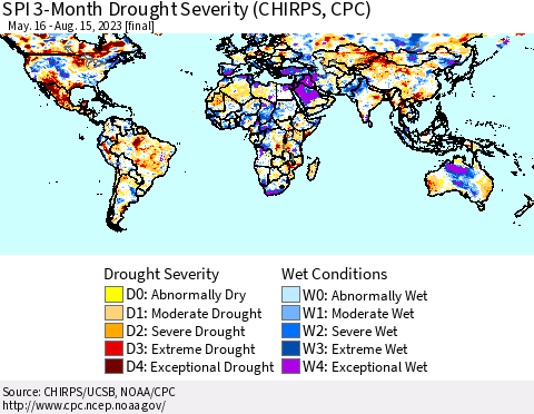World SPI 3-Month Drought Severity (CHIRPS) Thematic Map For 5/16/2023 - 8/15/2023
