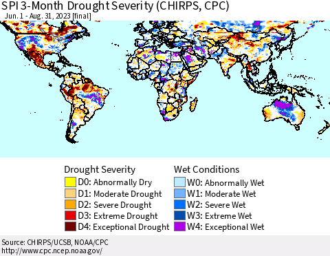 World SPI 3-Month Drought Severity (CHIRPS) Thematic Map For 6/1/2023 - 8/31/2023